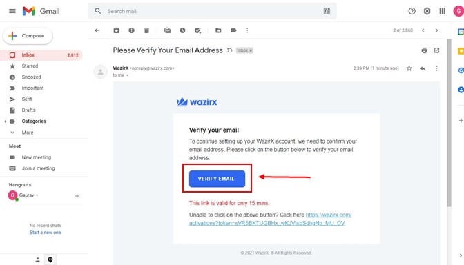 Image showing-Verification Email of WazirX