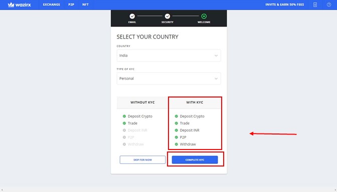 WazirX Selection of Country