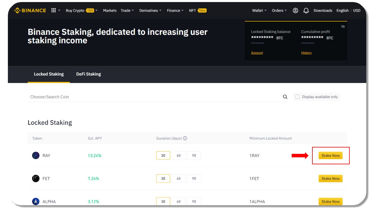 Various options of fixed staking in Binance