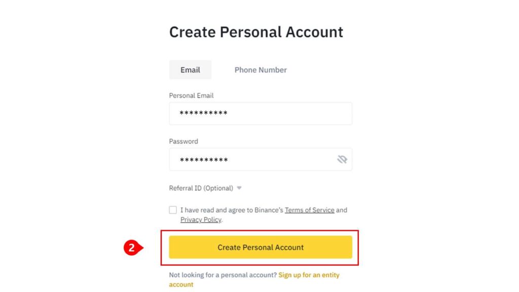 How to create an account at Binance - Step 2