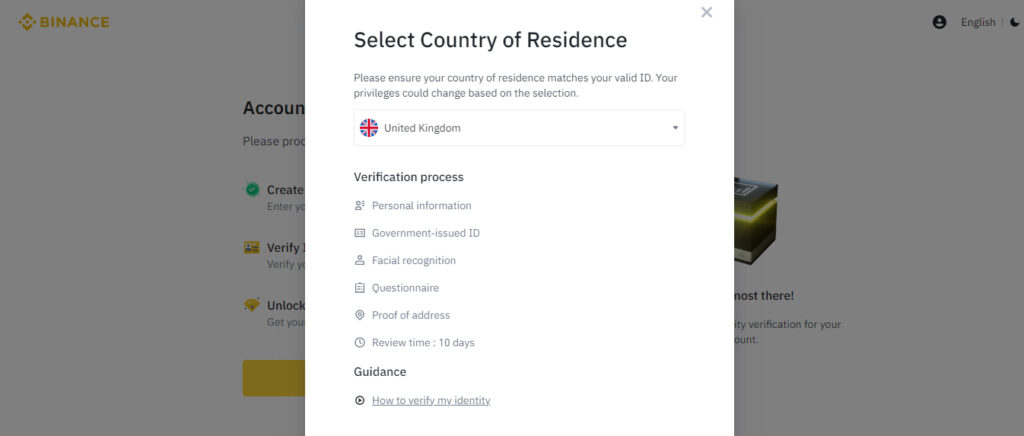 How to create an account at Binance - Step 5