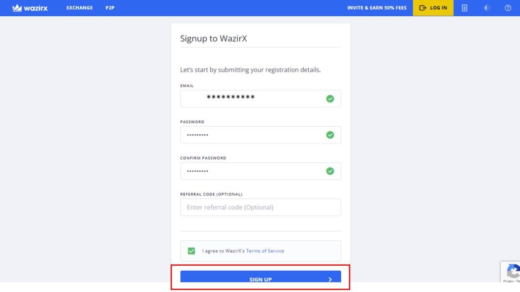 How to create an account at WazirX - Step 1